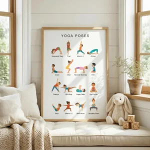 Kids yoga positions chart with clear pose labels