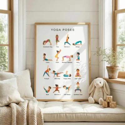 Kids yoga positions chart with clear pose labels