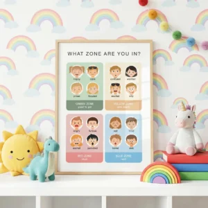 Emotion check-in chart with 16 feelings for children