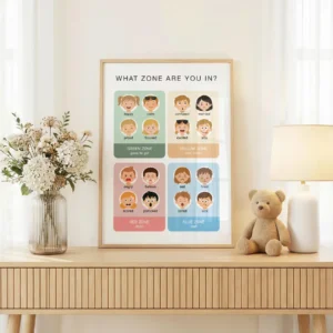 Colorful SEL feelings zones chart for classroom learning
