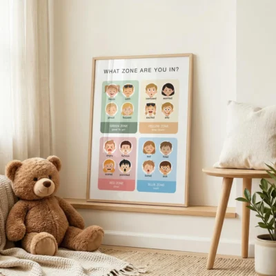 Feelings identification poster with illustrated facial expressions