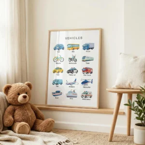 Colorful vehicle poster for kindergarten classroom learning