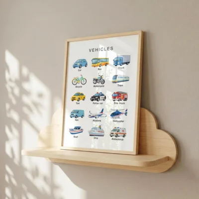 Preschool transportation vocabulary chart with clear illustrations