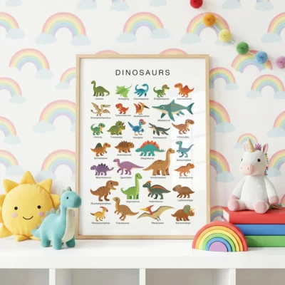 Colorful dinosaur names chart with clearly labeled creatures