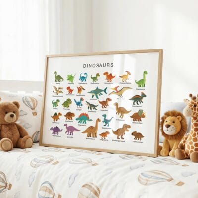 Colorful prehistoric creature chart with clearly labeled names
