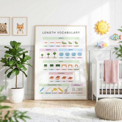 Educational math poster with measurement tools and vocabulary