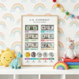 Money identification poster for kindergarten and elementary classrooms