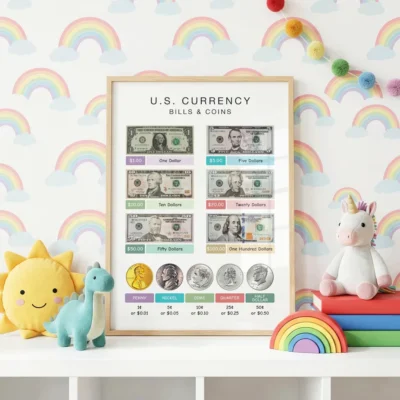 Money identification poster for kindergarten and elementary classrooms