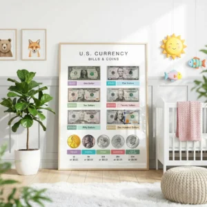 U.S. coins and bills chart for counting and financial literacy