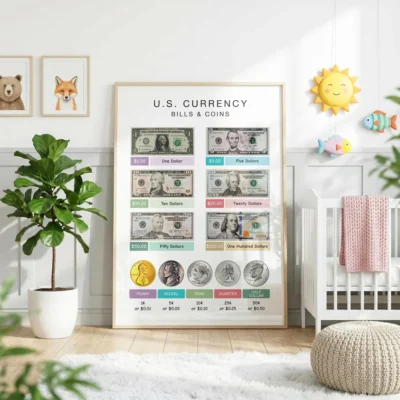 U.S. coins and bills chart for counting and financial literacy