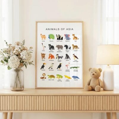 Colorful Asian wildlife printable with 25 animal illustrations