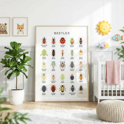 Entomology science poster with 25 labeled beetles