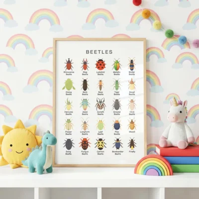 Educational insect poster featuring different beetle types