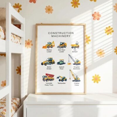 Construction vehicles poster for children's playroom