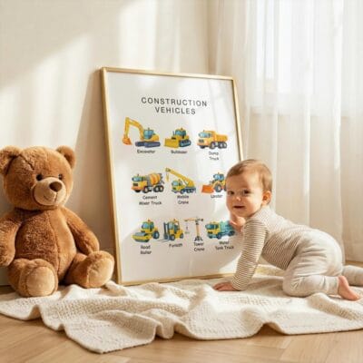 Construction vehicle identification poster for children