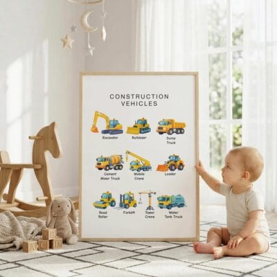 Construction trucks wall art for kids playroom