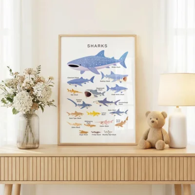 Educational ocean animal poster featuring different sharks