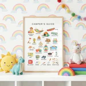 Colorful camping gear poster for classroom learning