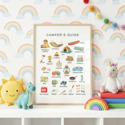 Colorful camping gear poster for classroom learning
