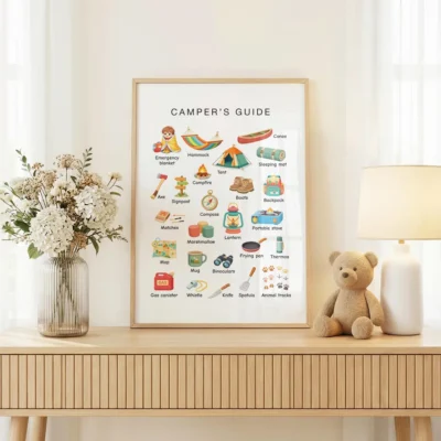 Outdoor essentials chart with camping equipment and labels