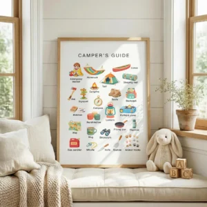 Camping-themed educational wall art for kids