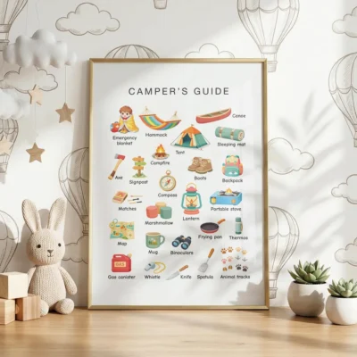 Nature study poster featuring common camping items
