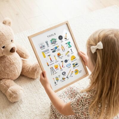 Workshop equipment poster with illustrated tool names