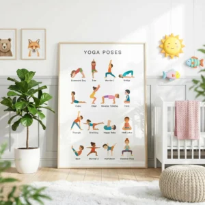 Children's yoga poster with 16 labeled movement poses