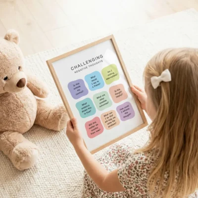 Calm corner educational poster with positive thinking prompts