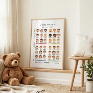 Emotional vocabulary chart with illustrated facial expressions