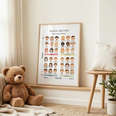Emotional vocabulary chart with illustrated facial expressions