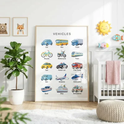 15 vehicle names poster for early vocabulary development